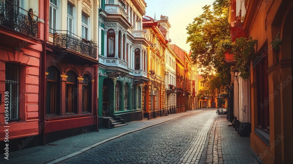 Fototapeta premium A beautiful European street with colorful old buildings, cobblestone paths, and charming balconies, evoking the essence of cultural travel.