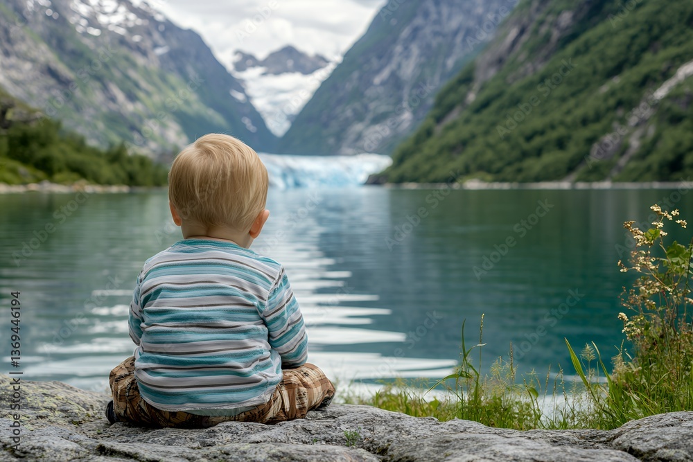 Caucasian toddler enjoying serene mountain lake view Caucasian toddler enjoying serene mountain lake view
