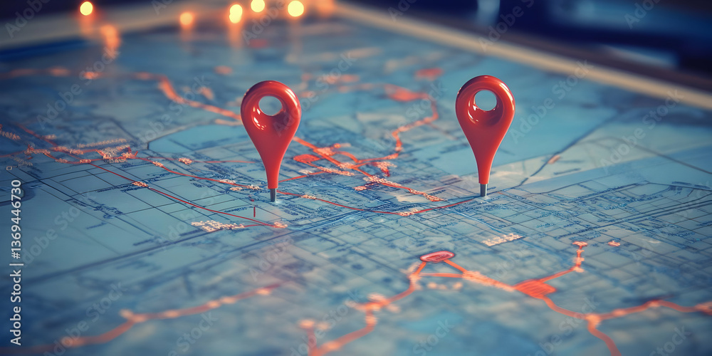 Two Red Markers Pinpoint Destinations on a Detailed City Map Illustration