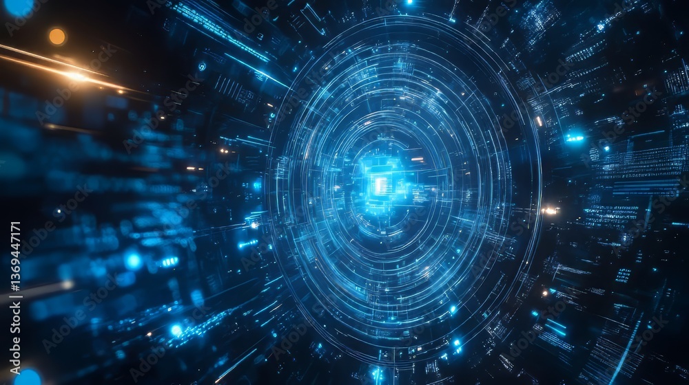 Futuristic technology core of digital network with interconnected data stream tunnel with light effects