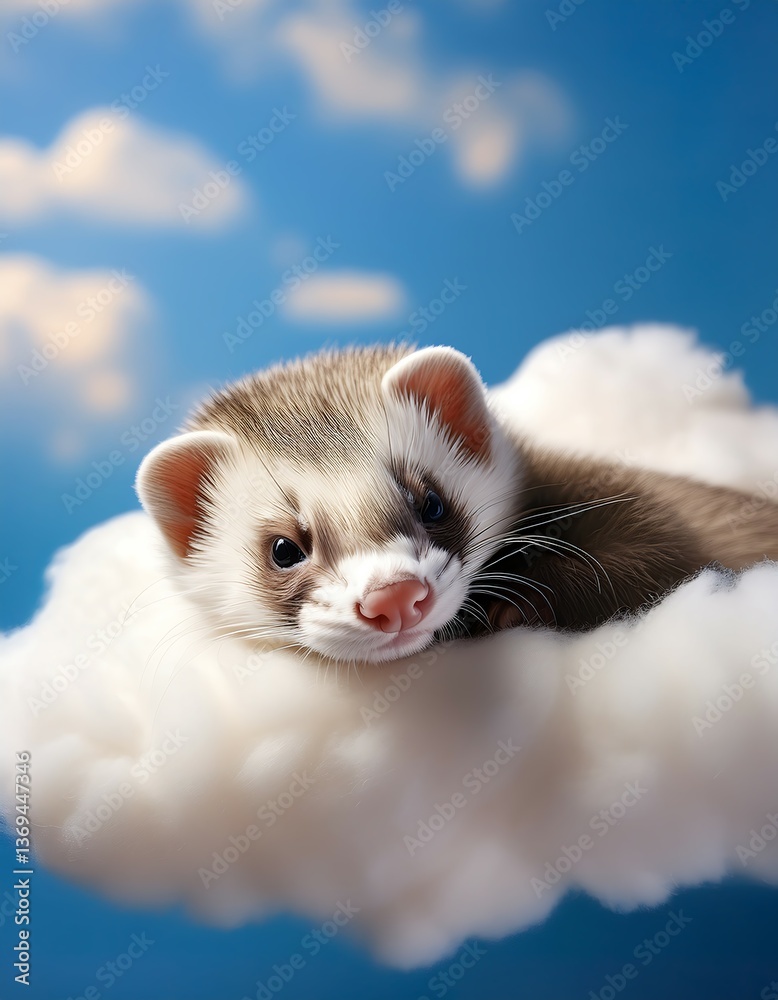 Fototapeta premium A serene ferret resting on a puffy cloud bathed in golden daylight