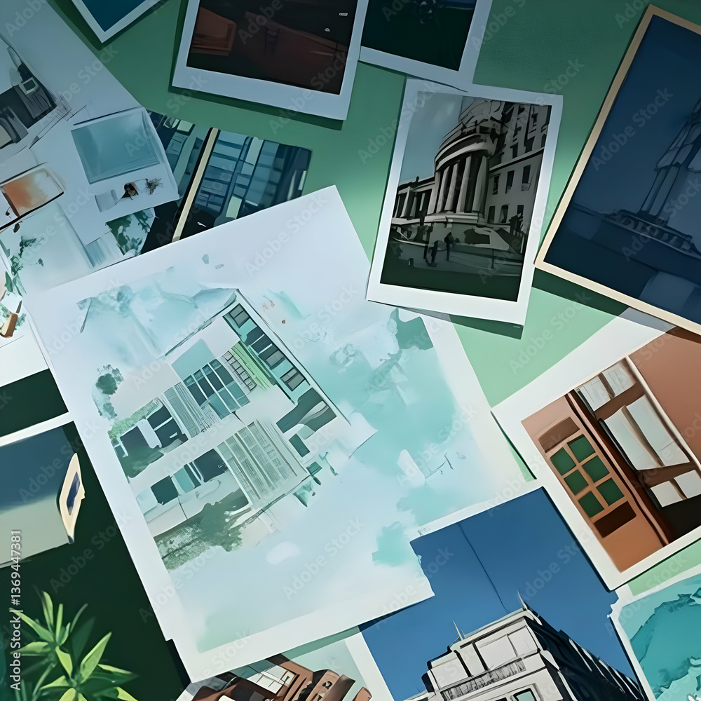 Abstract Architectural Illustrations of Buildings and Cityscapes Scattered on a Green Surface