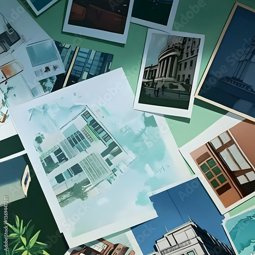 Obraz na płótnie Abstract Architectural Illustrations of Buildings and Cityscapes Scattered on a Green Surface w salonie