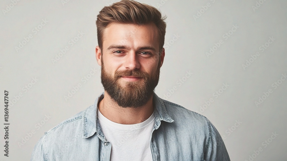 Handsome Man with Beard in Casual Clothes Against Neutral Background Handsome Man with Beard in Casual Clothes Against Neutral Background