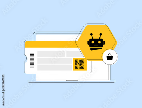 Ticket scalping and bots in online ticket sales, reselling and automated purchasing. Digital fraud, secondary market and event ticketing issues. Ticket scalping bot vector illustration and icons