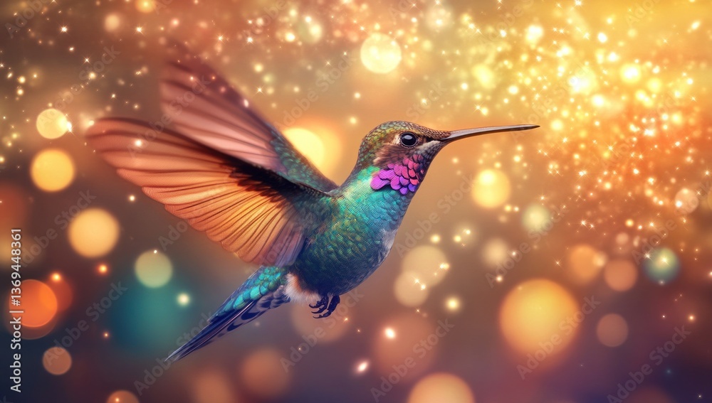 Obraz premium Flying hummingbird, bokeh, golden lights, celebration