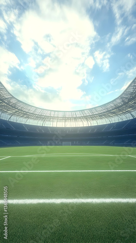 3D Render of an Empty Soccer Stadium under a Bright Sky