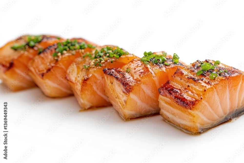 A delicate serving of aburi (seared) salmon sashimi with a hint of truffle oil, slightly torched for a smoky finish, isolated on white. A delicate serving of aburi (seared) salmon sashimi with a hint of truffle oil, slightly torched for a smoky finish, isolated on white.