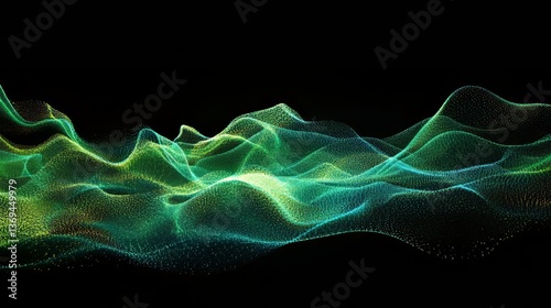 Abstract digital landscape with vibrant green and blue waves against a black backdrop.