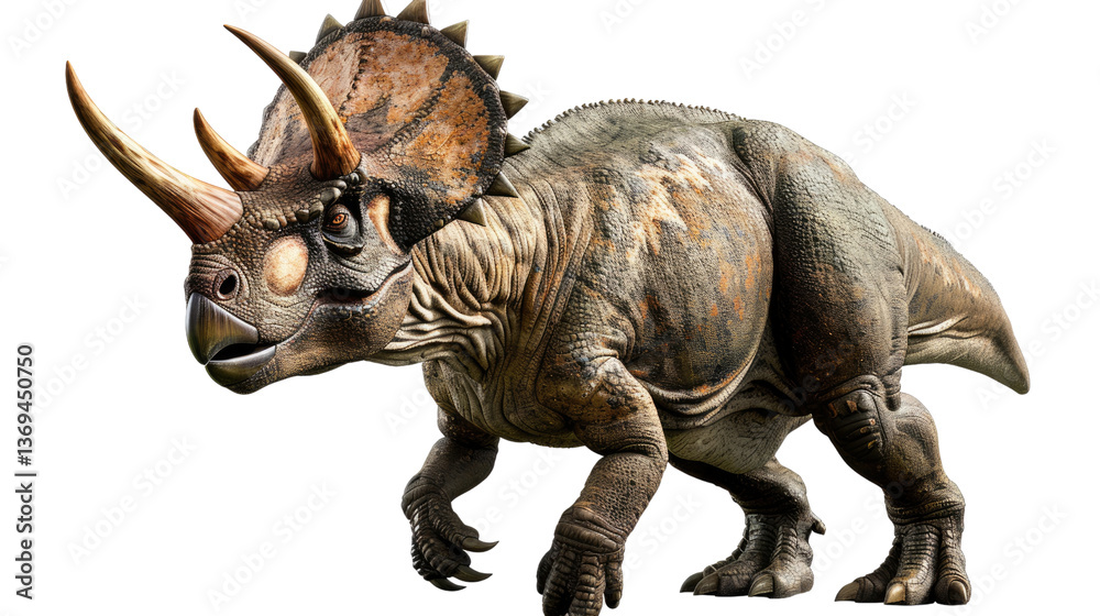 Fototapeta premium Triceratops Prehistoric Era: A highly detailed, realistic rendering of a Triceratops, a herbivorous dinosaur from the late Cretaceous period, showcasing its distinct three horns and frill.