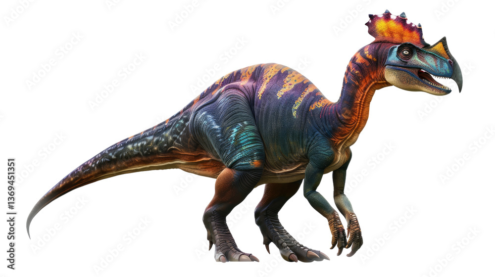 Fototapeta premium Prehistoric Marvel: An illustrated dinosaur in vibrant colors, set against a clear background, standing proudly as a symbol of the ancient world.