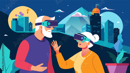 A senior couple explores the world through virtual reality technology marveling at the sights and sounds in the comfort of their own home.. Vector illustration