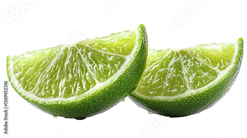 Fresh Citrus Slices: Vivid close-up captures the juicy freshness of two lime slices, showcasing the vibrant green flesh, inviting textures, and refreshing appeal.