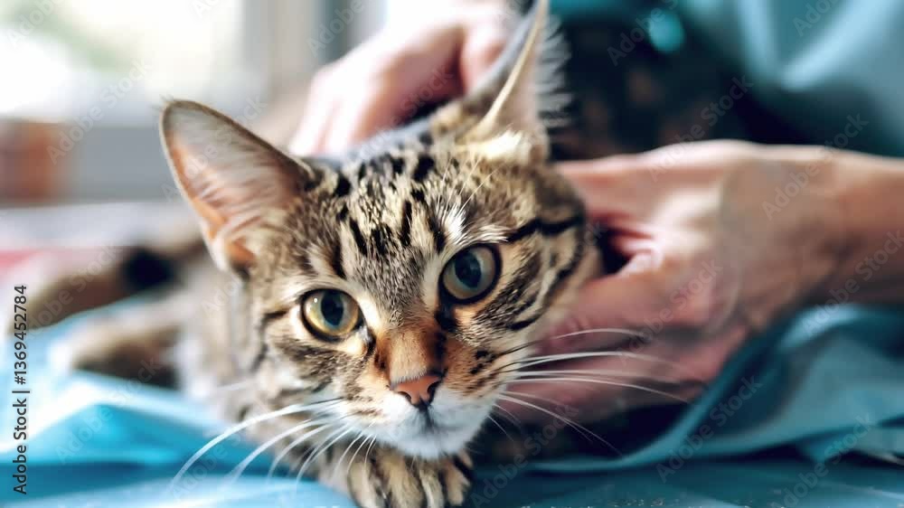 Close up of calm tabby cat lying on examination table during health checkup. Veterinarian examines cat fur for ticks and fleas. Vet hands gently stroking and petting feline patient. Pet health care Close up of calm tabby cat lying on examination table during health checkup. Veterinarian examines cat fur for ticks and fleas. Vet hands gently stroking and petting feline patient. Pet health care