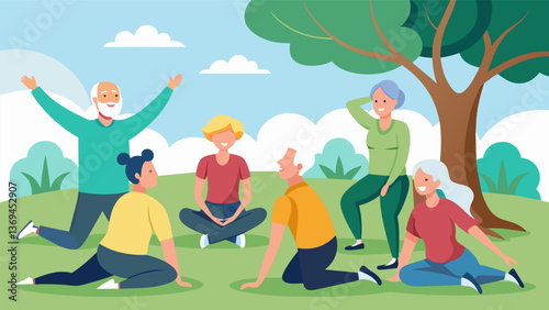 A group of seniors gather under the shade of a tree taking turns with gentle stretches and lowimpact exercises as they chat and enjoy the outdoors.. Vector illustration