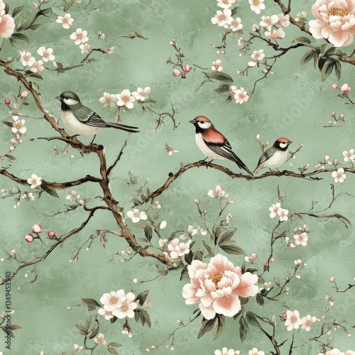 Vibrant birds nesting among cherry blossoms serene garden digital art nature aesthetic viewpoint tranquility concept