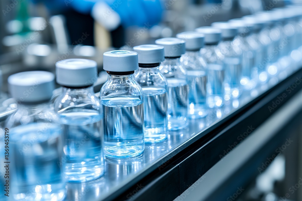 Row of glass vials on production line in pharmaceutical manufacturing facility Row of glass vials on production line in pharmaceutical manufacturing facility