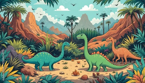 Fototapeta Naklejka Na Ścianę i Meble -  Cartoon Dinosaurs Roaming in a Prehistoric Landscape with Palm Trees