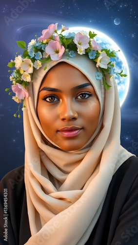 Portrait of a Woman in Hijab with Floral Crown under Moonlight: Celebrating Diversity and Ethnicity in Fashion Photography