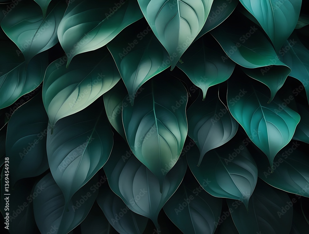 Fototapeta premium Lush green tropical leaves with smooth textures and deep shadows, creating a soothing and elegant natural pattern perfect for eco-themed design, backdrop, or wallpaper use