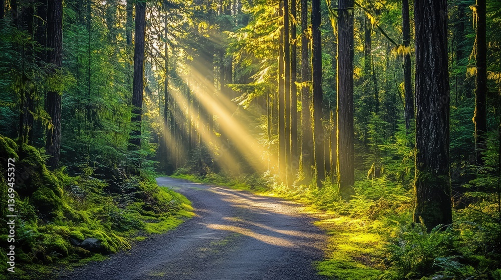 Fototapeta premium A scenic bicycle path winding through a dense forest with sun rays filtering through the tall trees, creating a peaceful and adventurous outdoor atmosphere.