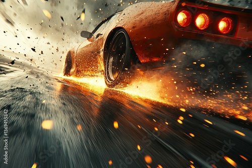 A fast moving sports car tires spinning generating sparks and motion