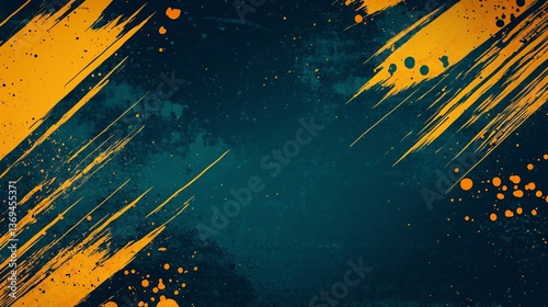 Abstract textured background with diagonal orange-yellow brush strokes and splatters on dark teal.