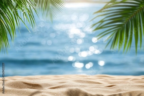 Fototapeta Naklejka Na Ścianę i Meble -  abstract tropical paradise with palm leaf and product display at sand beach, beach vacation nature background scene with defocused sun lights over the blue sea