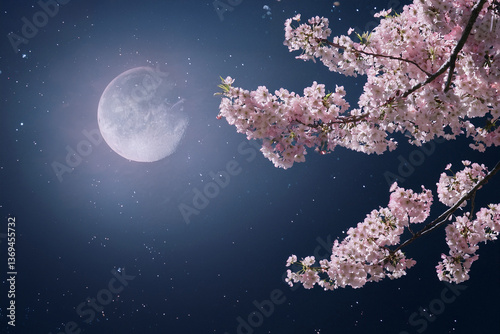 夜桜と月