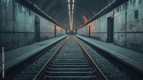 A train tunnel with long, parallel tracks disappearing into the distance, surrounded by concrete walls, evoking a sense of motion and travel.