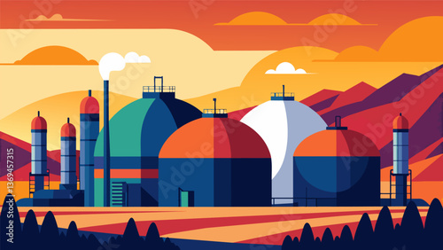 A striking contrast of shapes and colors these storage tanks loom over the landscape and dominate the skyline serving as a testament to the power of. Vector illustration
