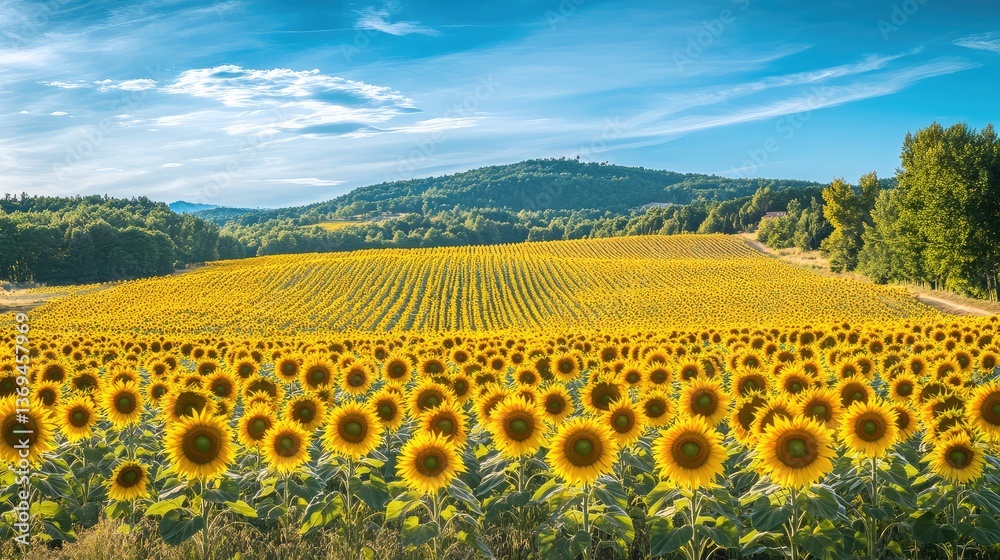 Fototapeta premium A vast sunflower field stretching to the horizon under a bright blue sky, capturing the warmth and vibrancy of summer.