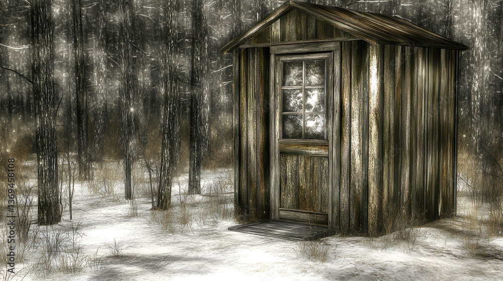 Obraz premium A weathered wooden cabin stands alone in a snow covered forest
