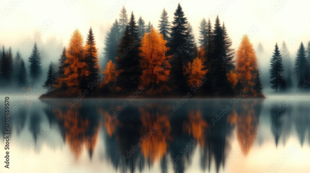 Obraz premium Misty autumn island reflected in a serene lake