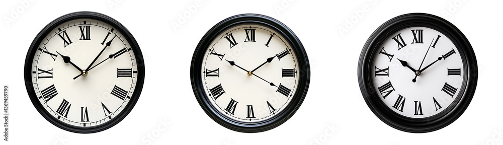 Set of classic round wall clocks with black numerals and hands isolated on a white or transparent background. Set of classic round wall clocks with black numerals and hands isolated on a white or transparent background.