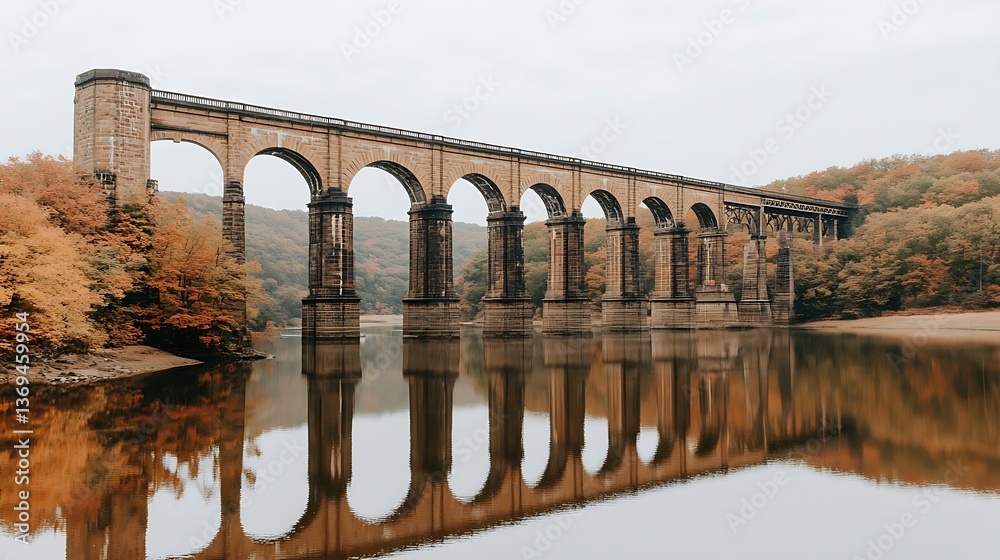 Fototapeta premium A long stone bridge arches above calm water reflecting its form