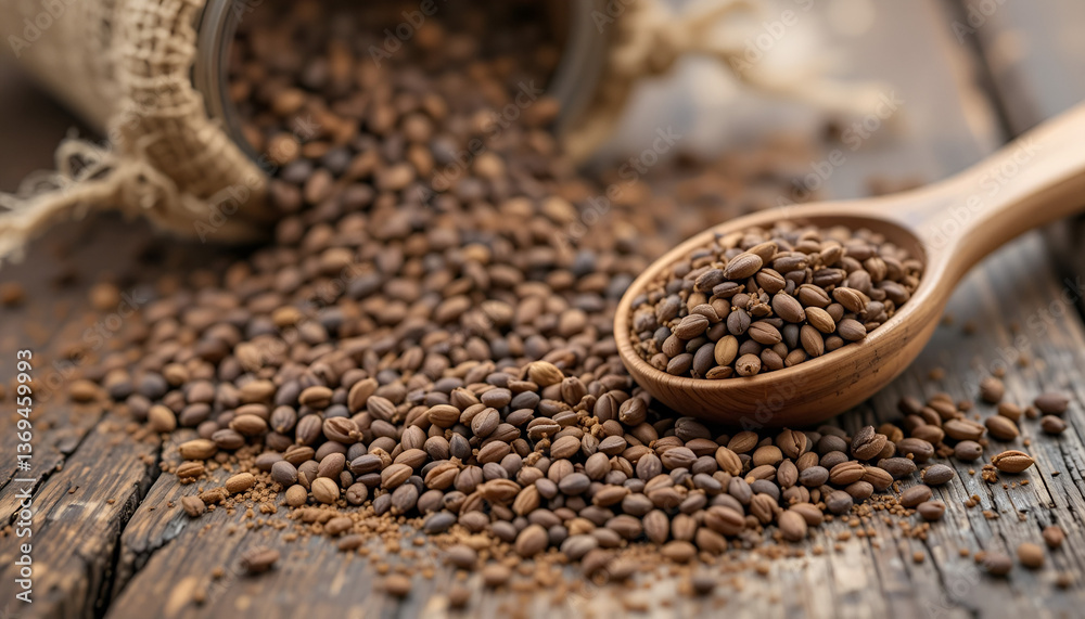 Close-up of hemp seeds spilling from a jar onto a wooden table with a spoon. The raw, healthy seeds and rustic setting highlight concepts of natural living, nutrition, and organic agriculture. Close-up of hemp seeds spilling from a jar onto a wooden table with a spoon. The raw, healthy seeds and rustic setting highlight concepts of natural living, nutrition, and organic agriculture.