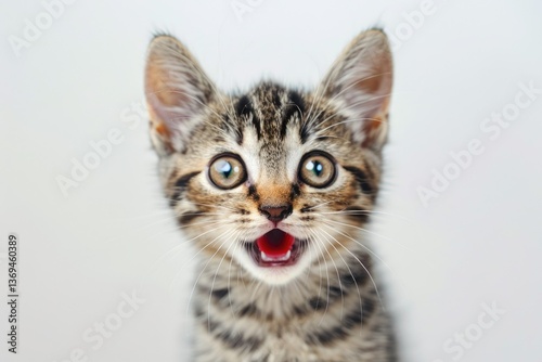 Vibrant Picture of Surprised Cat CloseUp on White Background  Adorable Pet Portrait