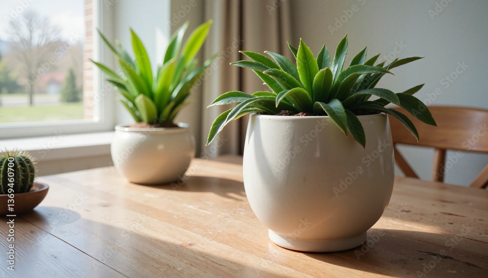 Fototapeta premium Potted plants on wooden table in bright indoor setting
