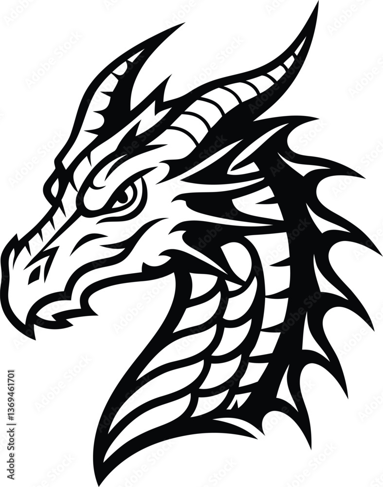 Obraz premium Stylish Dragon Head silhouette vector illustration, Dragon Head isolated logo icon line art vector design