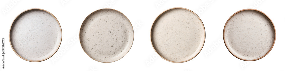 Four round neutral colored ceramic plates arranged in a simple minimalist display against a plain white background Four round neutral colored ceramic plates arranged in a simple minimalist display against a plain white background