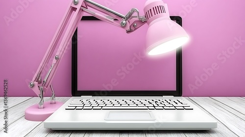 A pink desk lamp illuminates a laptop computer on a surface