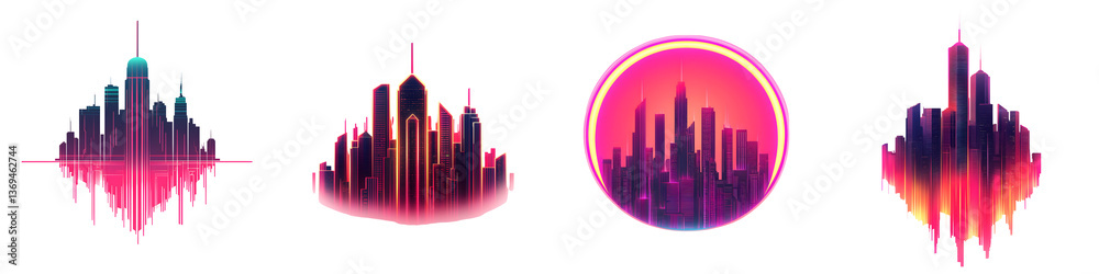 Fototapeta premium Striking digital depicting a futuristic neon colored cityscape with skyscrapers and a vibrant abstract gradient background