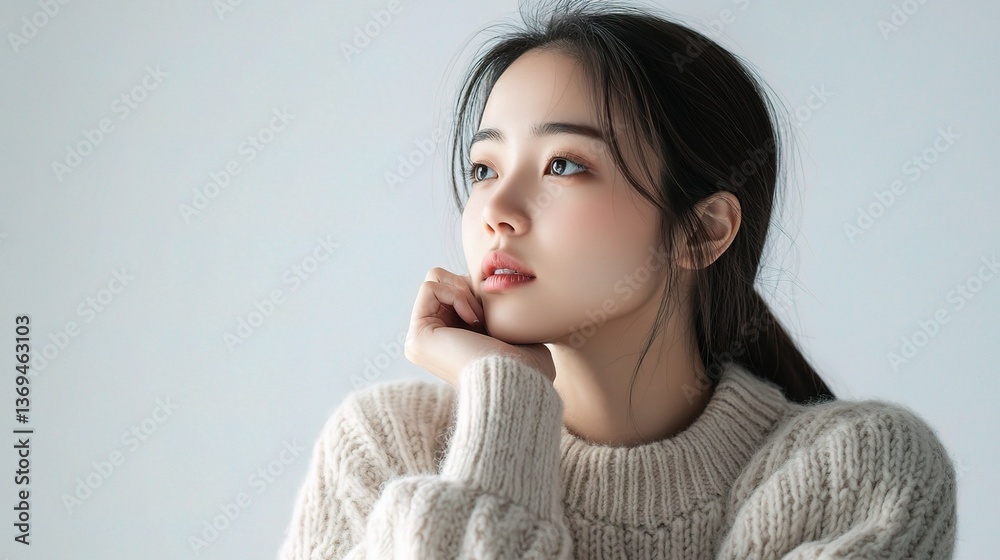 Young Asian Female Doctor in Cozy Sweater Pondering Thoughtfully Young Asian Female Doctor in Cozy Sweater Pondering Thoughtfully