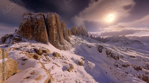 Majestic snow covered mountain range and full moon in night sky