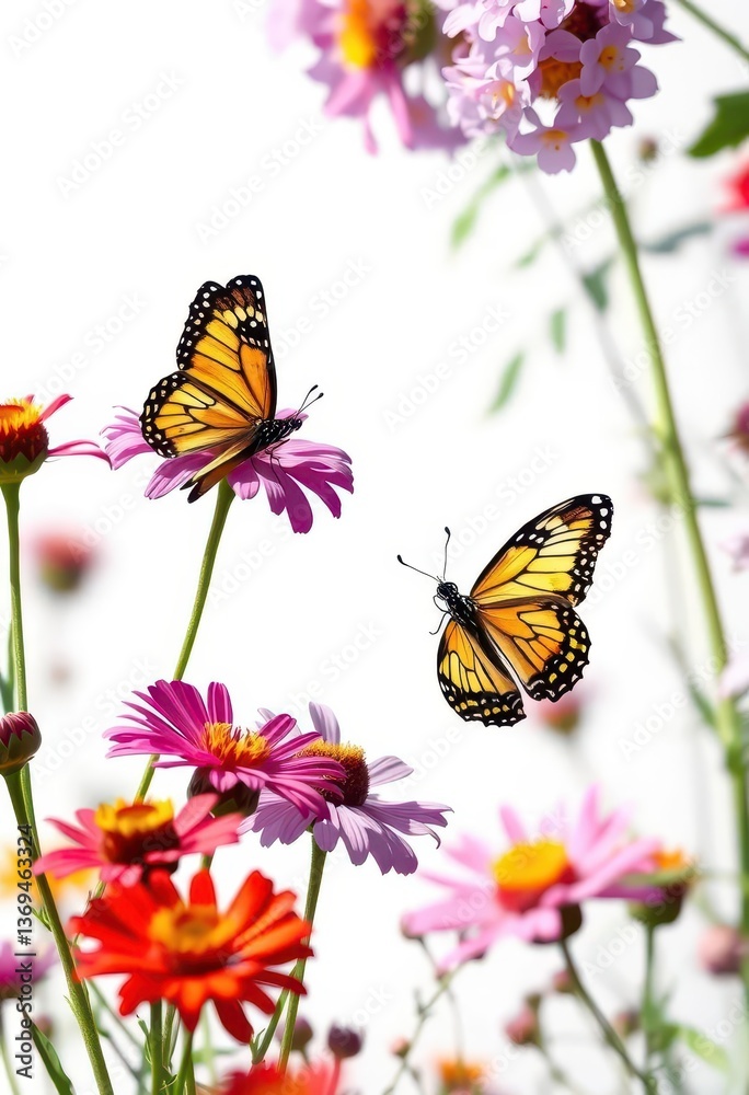 Naklejka premium Delicate butterflies flitting among vibrant wildflowers on a pristine white backdrop, wing, butterfly
