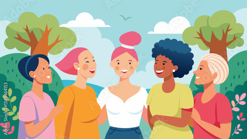 A group of women gathered in a park laughing and enjoying each others company as they exchange tips for coping with hair loss during chemotherapy.. Vector illustration