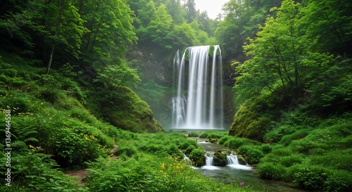 Serene Waterfall Cascades Through Lush Green Forest. AI Generated