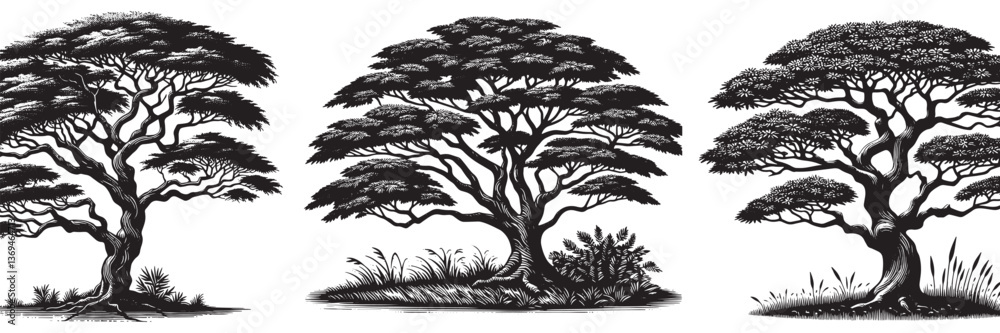 Obraz premium Ebony tree in traditional woodcut drawing , black and white botanical illustration