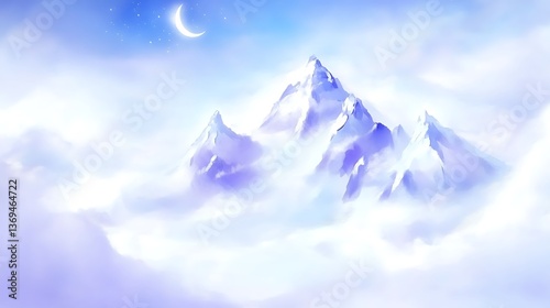 Majestic mountain peaks rising above the beautiful soft fluffy clouds